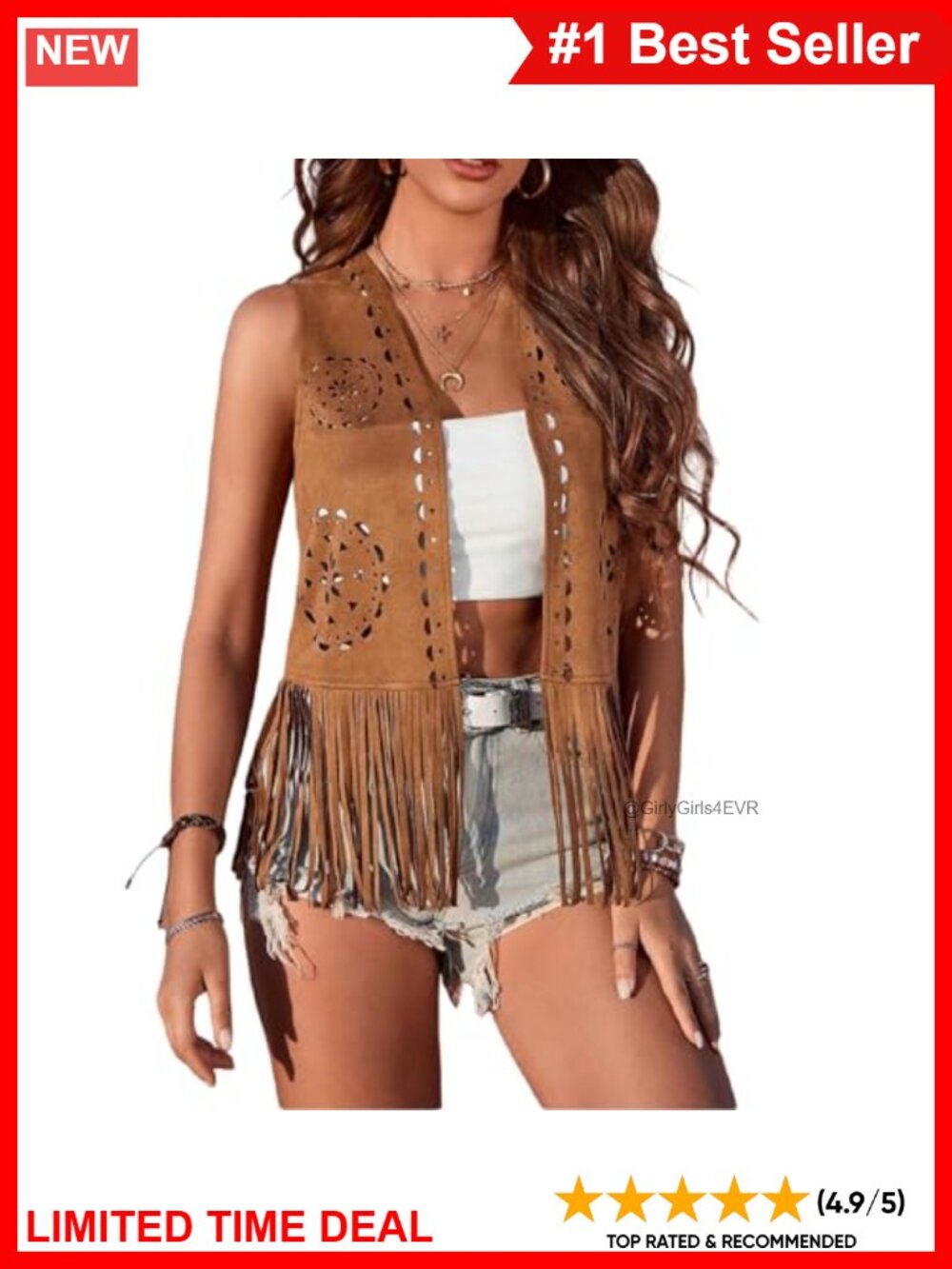Faux Suede Fringe Vest Open Front Sleeveless Hippie Western